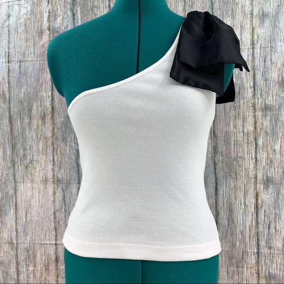 Zara NWT White One Shoulder Ribbed Top with Black Satin Shoulder Bow, Medium - Picture 4 of 16